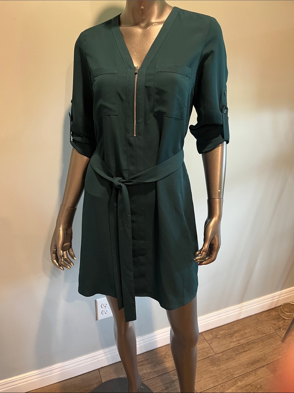 Express Deep Teal V-Neck Zip Tie-Waist Mini Dress